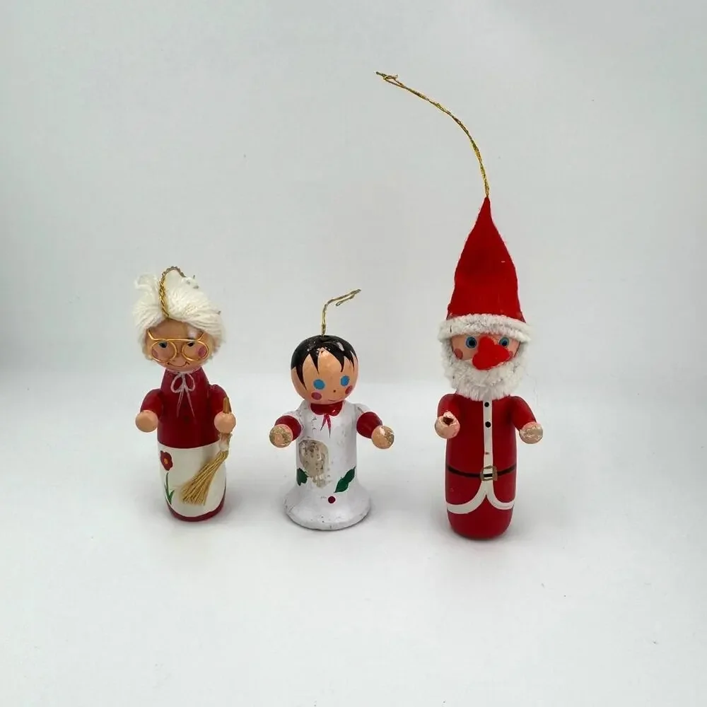 Vintage Lot‎ Of 3 Christmas Ornaments Mr And Mrs Claus Wooden Bisque